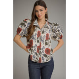 Entro - Floral Puff Sleeve Shirt - Ecru