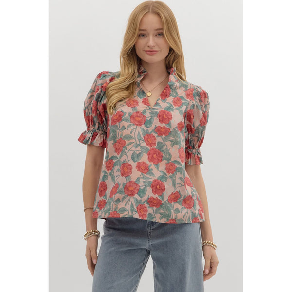 Entro - Floral Puff Sleeve Top - Vintage Rose