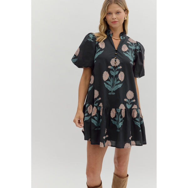 Entro - Floral Ruffle Hem Mini Dress - Dark Navy