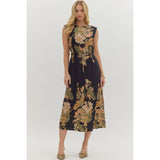 Entro - Floral Sleeveless Midi with Self-Tie Waist - Black