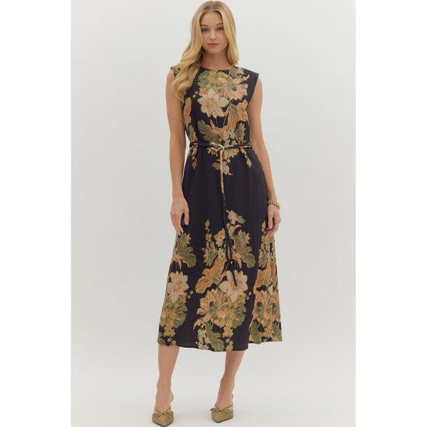 Entro - Floral Sleeveless Midi with Self-Tie Waist - Black