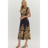 Entro - Floral Sleeveless Midi with Self-Tie Waist - Black