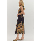 Entro - Floral Sleeveless Midi with Self-Tie Waist - Black