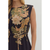 Entro - Floral Sleeveless Midi with Self-Tie Waist - Black