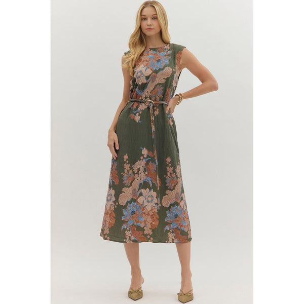 Entro - Floral Sleeveless Midi with Self-Tie Waist - Olive