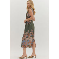 Entro - Floral Sleeveless Midi with Self-Tie Waist - Olive