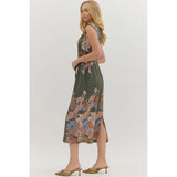 Entro - Floral Sleeveless Midi with Self-Tie Waist - Olive