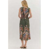 Entro - Floral Sleeveless Midi with Self-Tie Waist - Olive