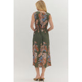 Entro - Floral Sleeveless Midi with Self-Tie Waist - Olive