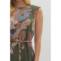 Entro - Floral Sleeveless Midi with Self-Tie Waist - Olive