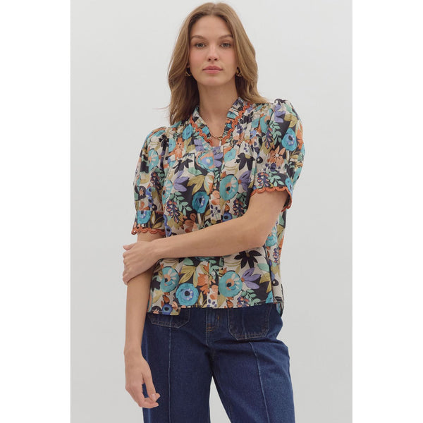 Entro - Floral Top With Scallop Trim - Cinnamon