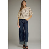 Entro - Polka Dot Round Neck Short Sleeve Sweater - Ecru