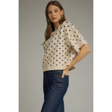Entro - Polka Dot Round Neck Short Sleeve Sweater - Ecru