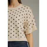 Entro - Polka Dot Round Neck Short Sleeve Sweater - Ecru