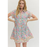 Entro - Floral S/S Dress w Contrast Border - Light Blue