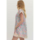 Entro - Floral S/S Dress w Contrast Border - Light Blue