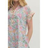 Entro - Floral S/S Dress w Contrast Border - Light Blue