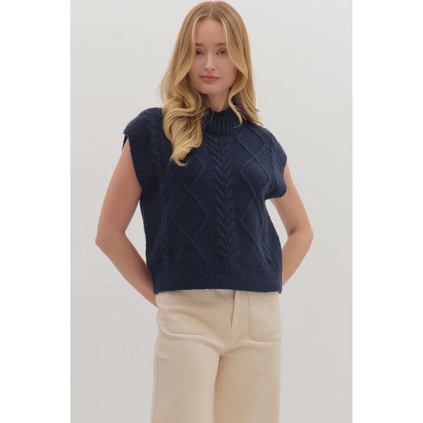 Entro - Sold Cap Sleeve Cable Knit Sweater - Navy