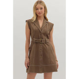 Entro - Solid Belted Mini wirh Contrast Stitching - Brown