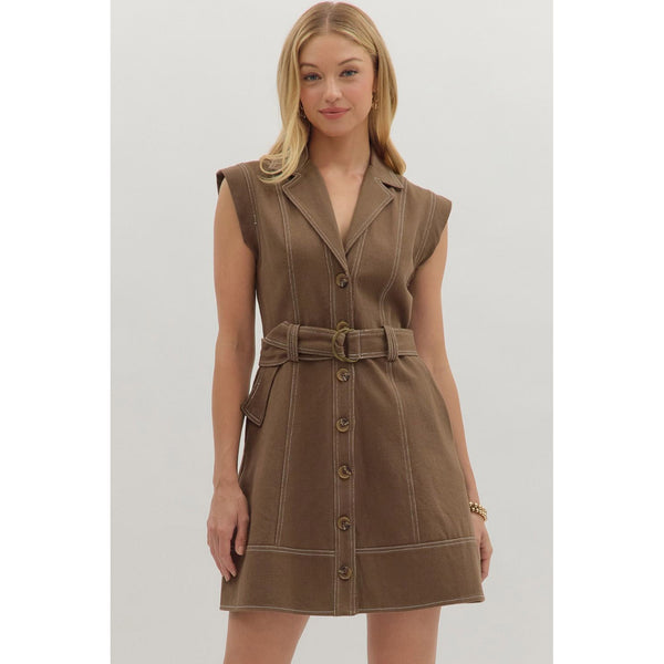 Entro - Solid Belted Mini wirh Contrast Stitching - Brown