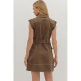 Entro - Solid Belted Mini wirh Contrast Stitching - Brown
