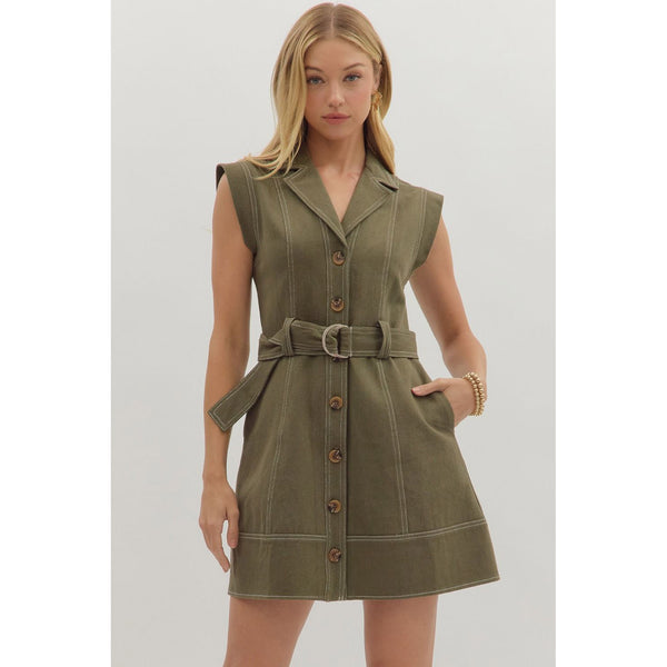 Entro - Solid Belted Mini wirh Contrast Stitching - Olive