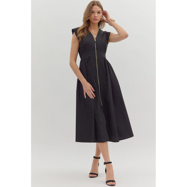 Entro - Solid Cap Sleeve Midi with Front Zipper - Black