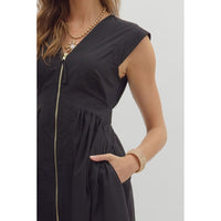 Entro - Solid Cap Sleeve Midi with Front Zipper - Black