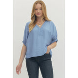 Entro - Solid Dolman w V-Neck Accent - Chambray