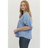 Entro - Solid Dolman w V-Neck Accent - Chambray