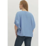 Entro - Solid Dolman w V-Neck Accent - Chambray