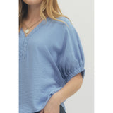Entro - Solid Dolman w V-Neck Accent - Chambray