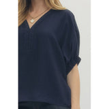 Entro - Solid Dolman w V-Neck Accent - Navy