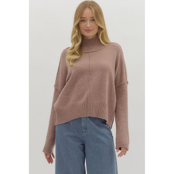 Entro - Solid High Neck Relaxed Fit Longsleeve Sweater - Mocha