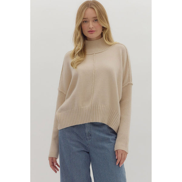Entro - Solid High Neck Relaxed Fit Longsleeve Sweater - Oatmeal