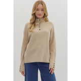 Entro - Solid Long Sleeve High Neck Sweater with Button Neck and Cuffs - Taupe