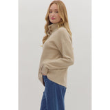 Entro - Solid Long Sleeve High Neck Sweater with Button Neck and Cuffs - Taupe