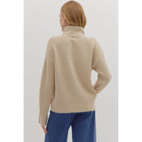 Entro - Solid Long Sleeve High Neck Sweater with Button Neck and Cuffs - Taupe