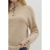 Entro - Solid Long Sleeve High Neck Sweater with Button Neck and Cuffs - Taupe