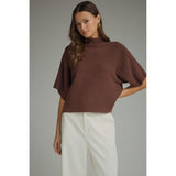 Entro - Solid Mock Neck Short Sleeve Sweater Knit Top - Brown