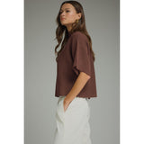 Entro - Solid Mock Neck Short Sleeve Sweater Knit Top - Brown