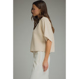 Entro - Solid Mock Neck Short Sleeve Sweater Knit Top - Ecru