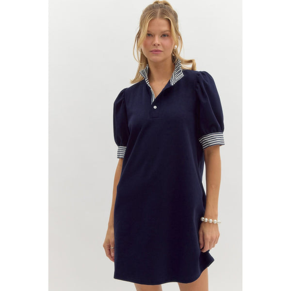 Entro - Solid Short Sleeve Pullover Dress With Contrasting Ruffle Neck and Sleeve Band - Navy