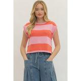 Entro - Striped Cap Sleeve Knit - Pink