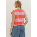 Entro - Striped Cap Sleeve Knit - Pink