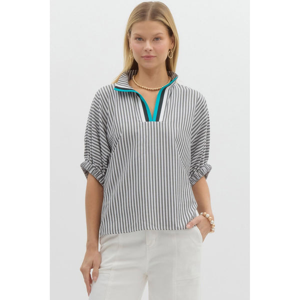 Entro - Striped Dolman with Multicolor Split Neck - Black