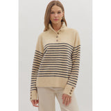 Entro - Striped L/S Sweater w/ Button Detail - Ecru