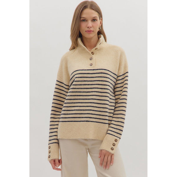 Entro - Striped L/S Sweater w/ Button Detail - Ecru