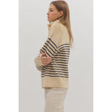 Entro - Striped L/S Sweater w/ Button Detail - Ecru