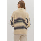 Entro - Striped L/S Sweater w/ Button Detail - Ecru